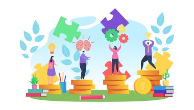 İş stratejisi vektör illüstrasyonunda çalışmayı planlayanlar. Hedef başarı, başarı, kâr ve mali büyüme için takım çalışması