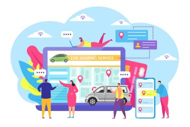 Araba paylaşımı servis uygulaması konsepti çizimi. Mobil uygulamada kiralık araba, insanlar navigasyon indeksi, çevrimiçi harita