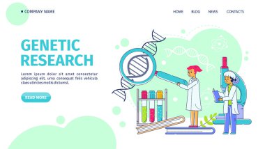 Genetik araştırma, çizgi iniş vektörü çizimi. Erkek bilim adamları kadın DNA yapısını laboratuvarda büyüteçle inceliyor..