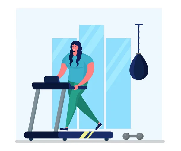 Daily sport training treadmill, woman character athlete activities isolated on white, flat vector illustration. Home exercises. — Stock Vector