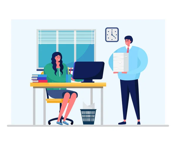 Business department daily work processes, woman character office employee isolated on white, flat vector illustration. Female boss give task male. — Stock Vector