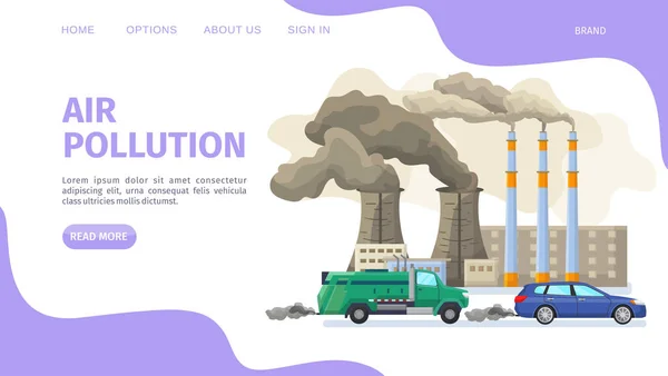 Contaminación atmosférica, página web de problemas ambientales, ilustración vectorial. Fábrica industrial y coche con los gases de escape contaminan — Vector de stock