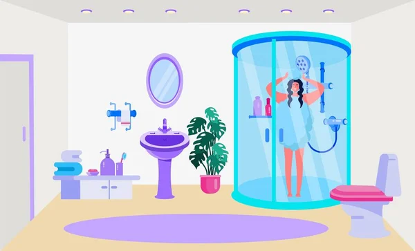 Banheiro luminárias interiores ilustração vetorial. Home design, quarto com chuveiro, WC, pia e espelho. Quarto para toalha, sope — Vetor de Stock