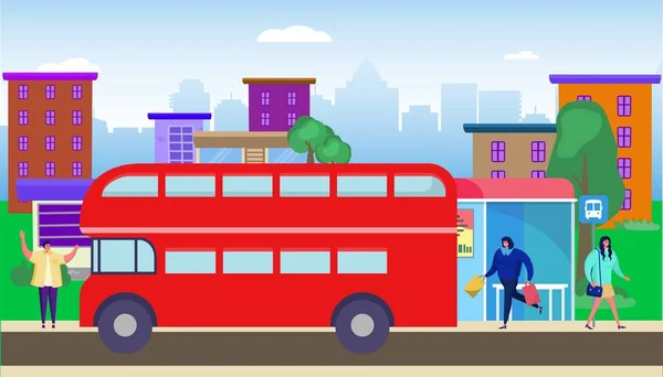 Fermata bus zona residenziale vettoriale illustrazione. Trasporti passeggeri in città. Donna con acquisti entra in trasporto . — Vettoriale Stock