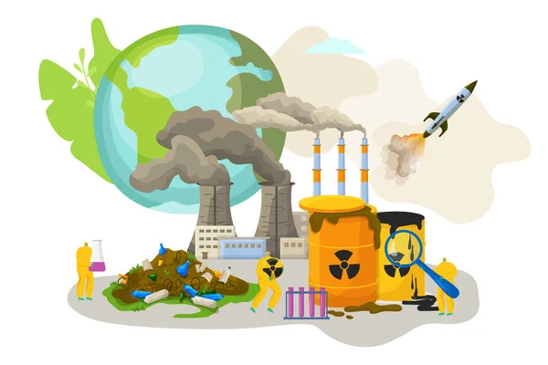 Medio ambiente contaminación de las grandes ciudades, ilustración vectorial. Cartel ecológico, basura planetaria y concepto de desastre ecológico. Aire de fábrica — Vector de stock