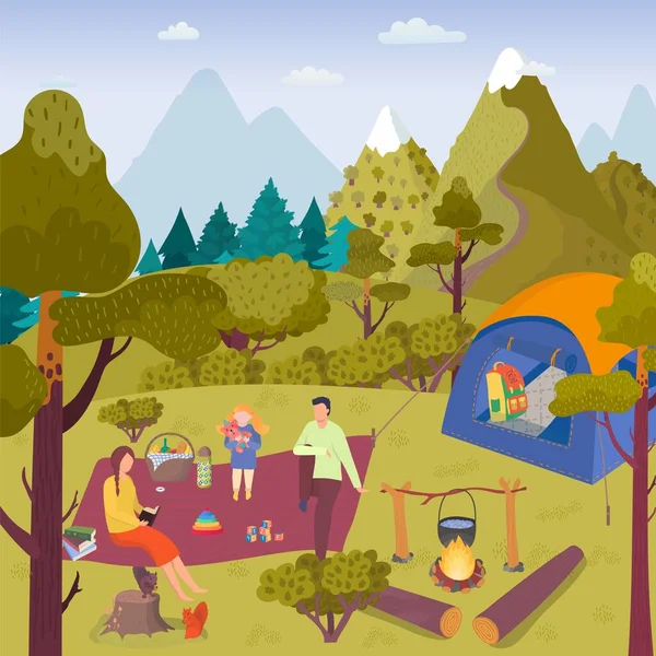Лісовий пікнік кемпінг Векторні ілюстрації. Сімейні туристи відпочивають на відкритому повітрі. Їжа, приготована на вогні, активний відпочинок разом — стоковий вектор