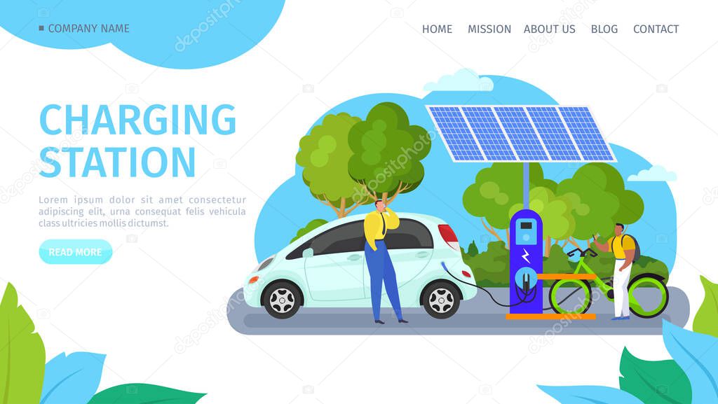 solar charging station for electric vehicles vector illustration. Electric car and bicycle replenish energy by charger station
