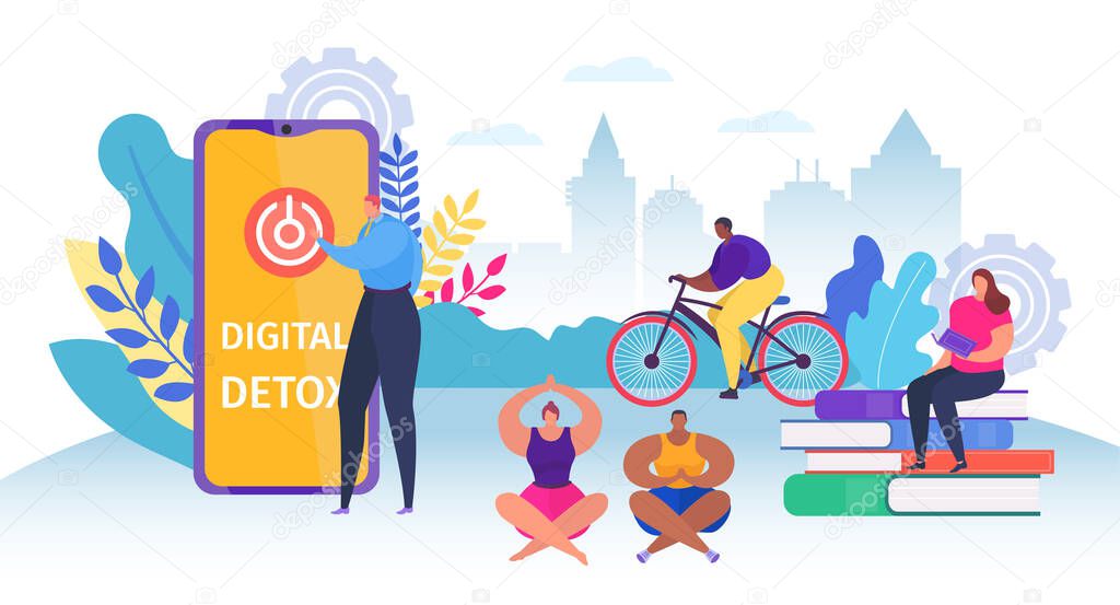 Digital detox young people group, vector illustration. Character exit smartphone, offline communication and resting by yoga