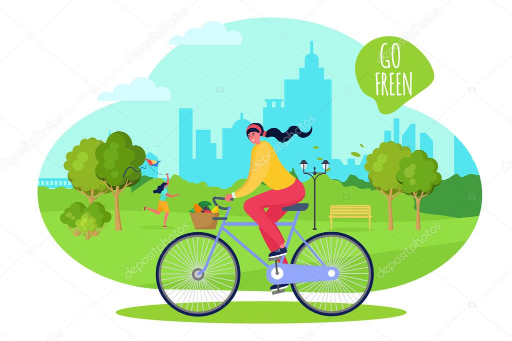 Girl at city park ride bike, vector illustration. Active spring walk in fresh air, healthy weekend time. Happy outdoor leisure