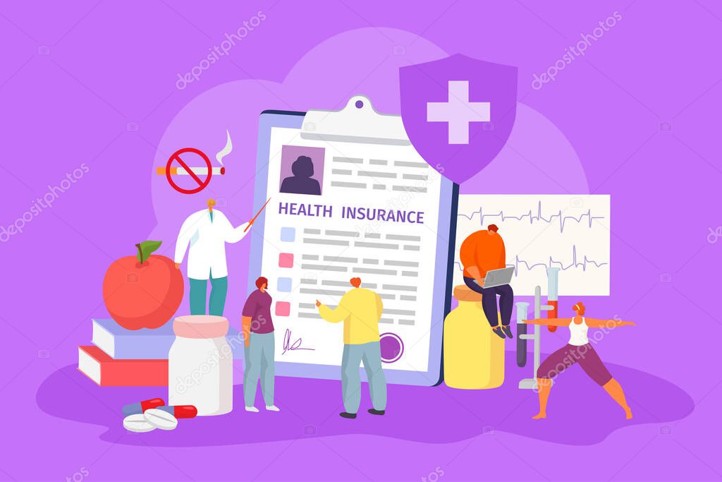 Filling health insurance form concept, vector illustration. Contractual arrangement, health lifestyle and medical treatment.