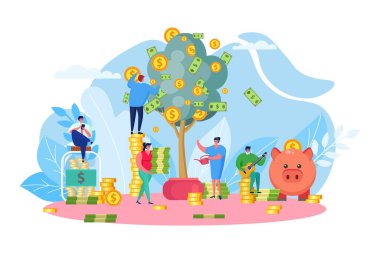 Para ağacı, şirketin gelir vektör çizimi. Başarılı bir başlangıç, karlı yeni bir iş, finansal büyüme. İş adamları.