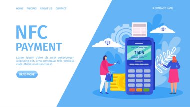 NFC ödeme iniş pankartı, vektör illüstrasyonu. Elektronik bankacılık hizmeti, akıllı telefon finansal uygulaması. Kullanan kadın