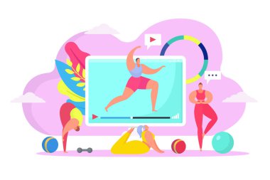 Evde online fitness eğitimi, vektör illüstrasyon. Geniş ekran video ve yoga pozlarında sağlıklı egzersizler. Kadın