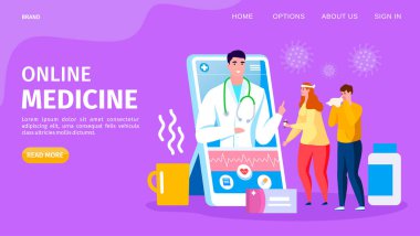 Çevrimiçi tıp danışmanlığı, iniş vektörü illüstrasyonu. Akıllı telefonda sağlık hizmetleri, doktor hasta insanları destekliyor..