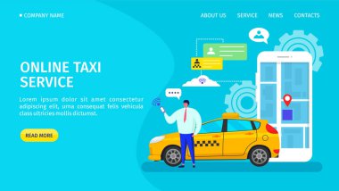 Çevrimiçi taksi servisi uygulaması, web sayfası çizimi. Nakliye aracı, harita teknolojisindeki konum. Müşteri.