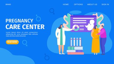 Hamilelik merkezi şablonu web sayfası, vektör illüstrasyonu. Gelecekteki aileler için özel klinikte eğitim randevusu. Doktor konuşuyor.