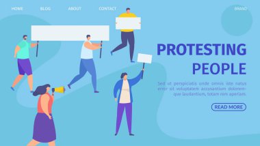 Protestocular bayrak indiriyor, vektör illüstrasyonu. Sokakta posterleri olan halka açık gösteri grubu pozisyonunu ifade ediyor