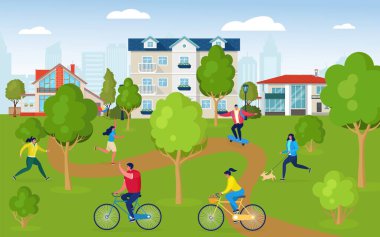 Dışarıda spor yapan aktif insanlar, vektör çizimi. Sağlıklı yaşam tarzı, şehir parkındaki insanlar evlere yakın. Mutlu insanlar koşuyor