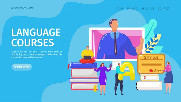 Sprache Online-Kurs, Landung Vektor Illustration. Internet-Fernschule für das Erlernen einer Fremdsprache am Computer. Student — Stockvektor