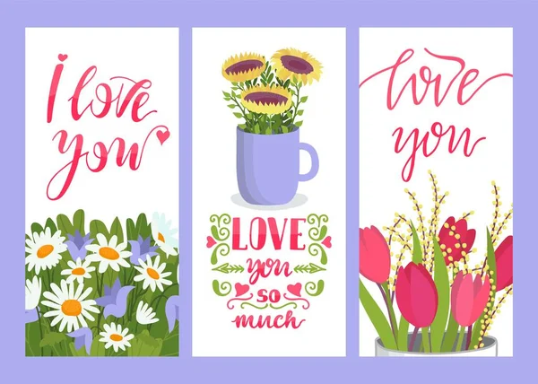 Liebe Sie unterschreiben florale Karte, Vektorillustration. Bunte Vorlagen-Flyer mit Blumenschmuck, Gänseblümchen, Sonnenblumen und Tulpen. — Stockvektor