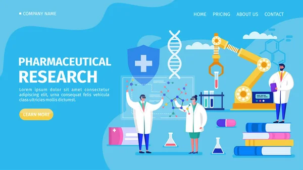 实验室药物研究,着陆器图解.医学化学实验，DNA，分子研究 — 图库矢量图片