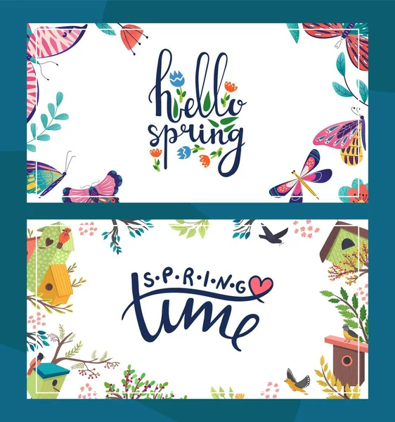 Spring floral postcard vector illustration. Hello spring template poster with decorative butterfly. Spring time seasonal bird — Stock Vector