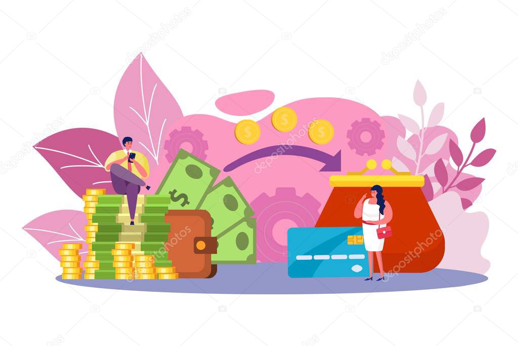 Money transfer, mobile banking vector illustration. Online payment technology, financial app transaction. People standing