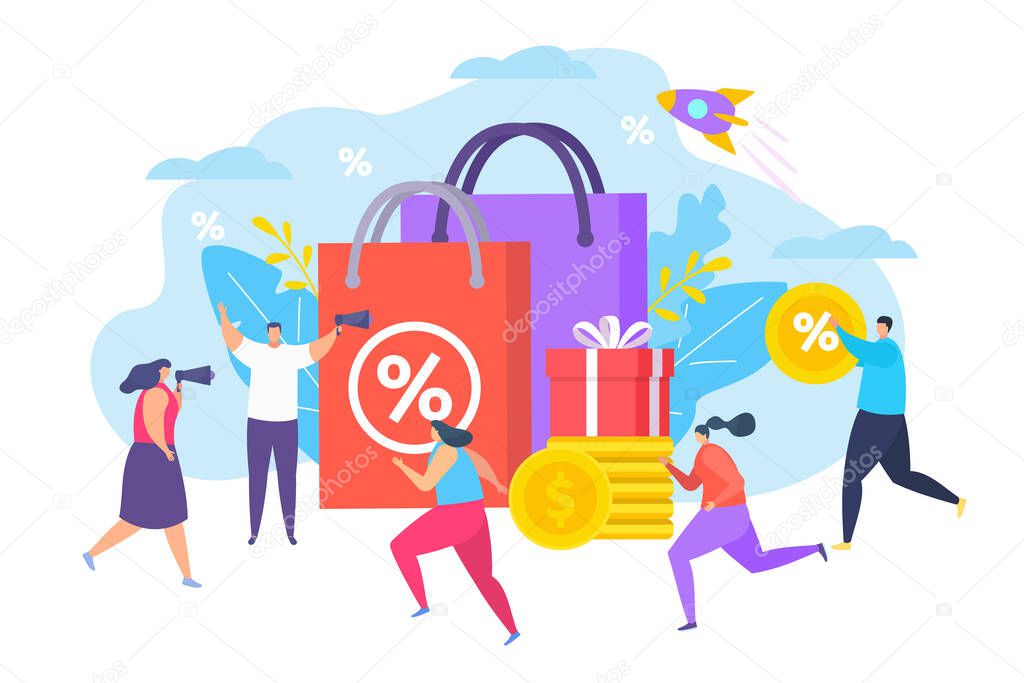 Promo at store sale goods, vector illustration. Market commerce advertising, man and woman with loudspeaker talk about sale.
