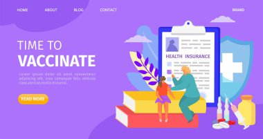 Aşı zamanı, web sitesi vektör çizimi. Çocuk dokunulmazlığı iğnesi, sağlık sigortası için tıbbi tedavi. Doktor çocuk doktoru.