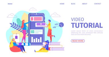 Video eğitimi uygulaması, vektör illüstrasyonu. Akıllı telefondan online eğitim, işçi kadın tasarım dersi içeriği. Ev çalışması
