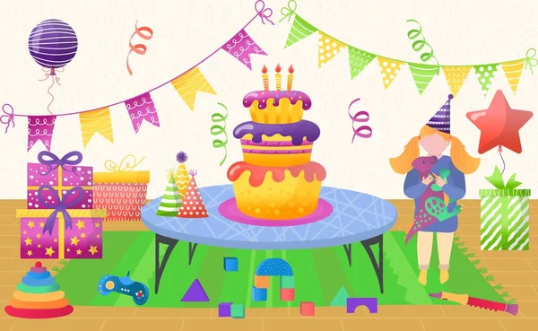 En attendant les invités pour la fête d'anniversaire de la maison, illustration vectorielle. Décorer la salle pour l'événement de célébration, ballons, guirlande et boîte cadeau . — Image vectorielle