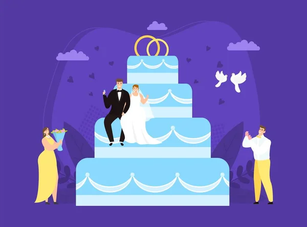 Conceito de bolo de casal de casamento grande, ilustração vetorial. Personagem do noivo na sobremesa festiva com anéis, evento romântico —  Vetores de Stock