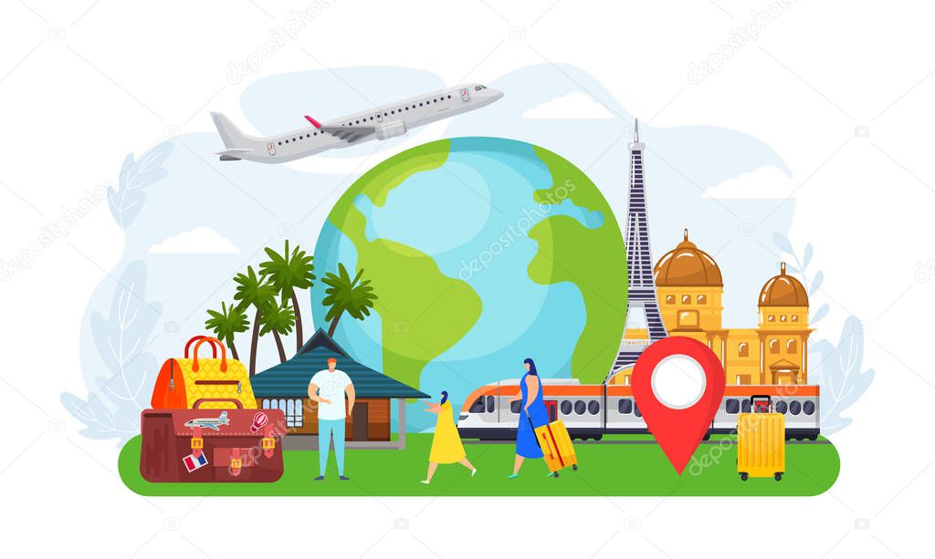 Travel tourist people concept, vector illustration. Adventure around world, tourism vacation by airplane, holiday journey.