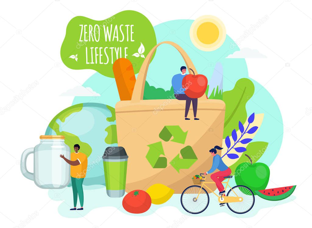 Zero waste lifestyle concept, vector illustration. People characters care about planet ecology, save environment. Fabric bag