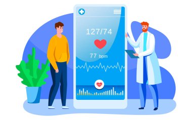 Dijital tıp vektör illüstrasyon seti, Uygulama doktoru danışmanlığı ile karikatür sağlık hizmetleri, modern teknoloji beyazlara izole edilmiş