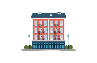 Modern ev vektör çizimleri, karikatür düz ev dairesi, konut binasının dış cephesi beyaz üzerine izole edilmiş ikonlar