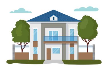 Modern ev vektör çizimleri, karikatür düz ev dairesi, konut binasının dış cephesi beyaz üzerine izole edilmiş ikonlar