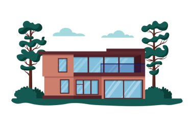 Modern ev vektör çizimleri, karikatür düz ev dairesi, konut binasının dış cephesi beyaz üzerine izole edilmiş ikonlar