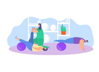 Fizyoterapi rehabilitasyon yardım vektör çizimi, karikatür düz hasta karakteri fizik tedavi ikonları