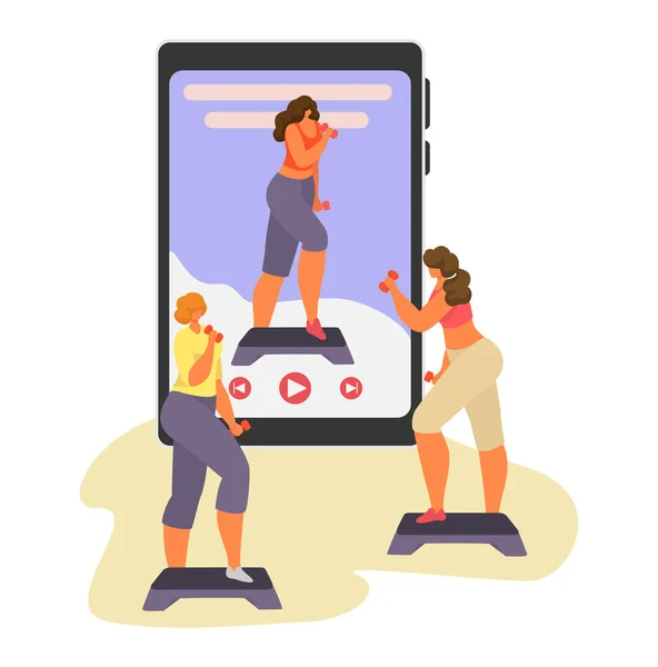 Online sport tutorial vector illustraties, cartoon vrouw man personages in gezonde sport activiteit met behulp van video lessen app geïsoleerd op wit — Stockvector