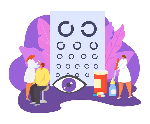 Okulistyka medycyny wektor zestaw ilustracji, kreskówki malutkich pacjentów ludzie odwiedzają postać lekarza okulisty, sprawdzić zdrowie oczu — Wektor stockowy