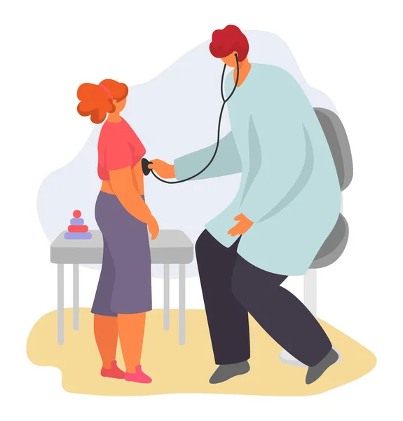 Pediatriker barn läkare vektor illustration, tecknad mor med sjukt barn, barn tecken på läkarundersökning isolerad på vitt — Stock vektor