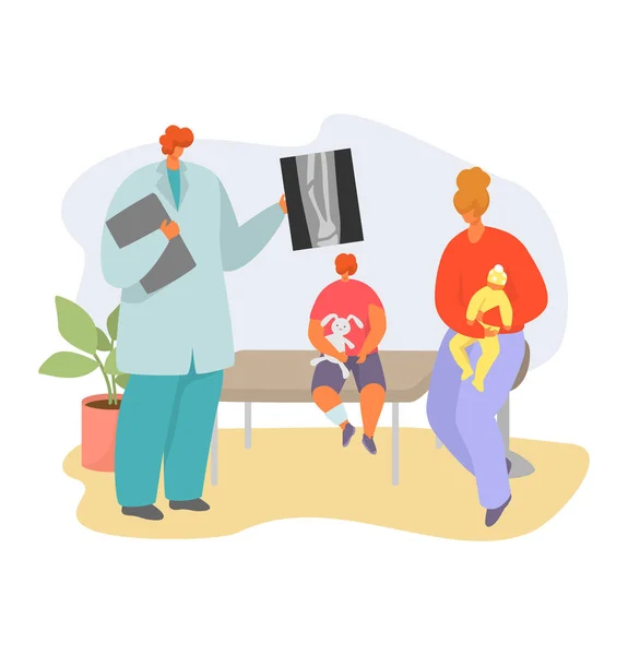Pediatriker barn läkare vektor illustration, tecknad mor med sjukt barn, barn tecken på läkarundersökning isolerad på vitt — Stock vektor