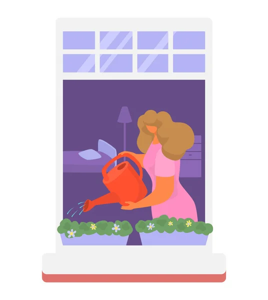 Las personas vecinas en la ilustración de vectores de ventana, la mujer hombre activo de dibujos animados o personajes de pareja viven en apartamentos de casa vecinos conjunto — Vector de stock