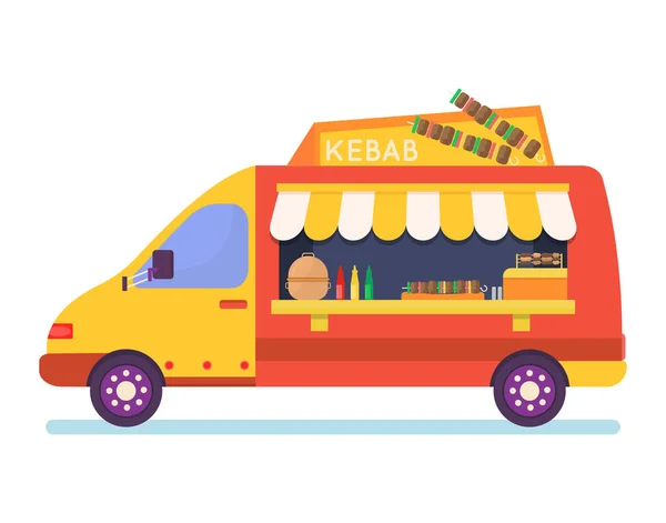 街头食品卡车图片说明，卡通车在市场上销售中国街头食品或比萨饼烤面包，咖啡图标在白色上被隔离 — 图库矢量图片