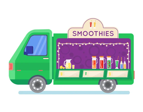 Street food truck set vektor illustration, tecknad van säljer kinesiska gatumat eller pizza kebab på marknaden, kaffe ikoner isolerad på vitt — Stock vektor