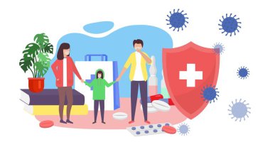 Coronavirus güvende kal. Vektör illüstrasyonu kullan. Bakteri enfeksiyonuna karşı koruma, çocuk bilgili aile karakteri