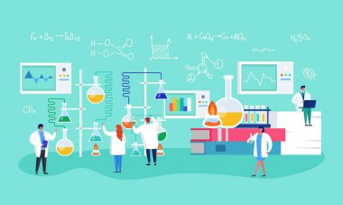 Laboratuvar araştırması, aşı formülasyonu vektör çizimi. Kimyasal deney yapan tıp bilimcileri