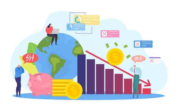 Conceito de crise económica, ilustração do vetor de estabilidade financeira em queda. Homem em pânico terno de negócios, perda de ganhos e diminuição — Vetor de Stock