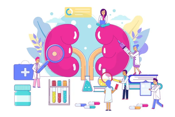 Tratamento renal médico grupo conceito vetor ilustração. Homem e mulher, trabalhador hospitalar, realizar manipulações médicas —  Vetores de Stock